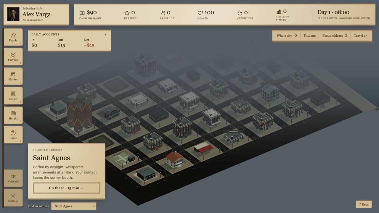 An overhead view of Bellwether's streets, apartment blocks and businesses